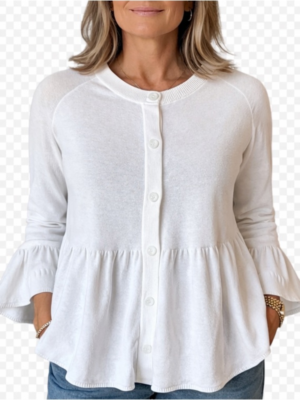 Apostrophe White Peplum Cardigan Size L 100% Cotton Lightweight Feminine Top